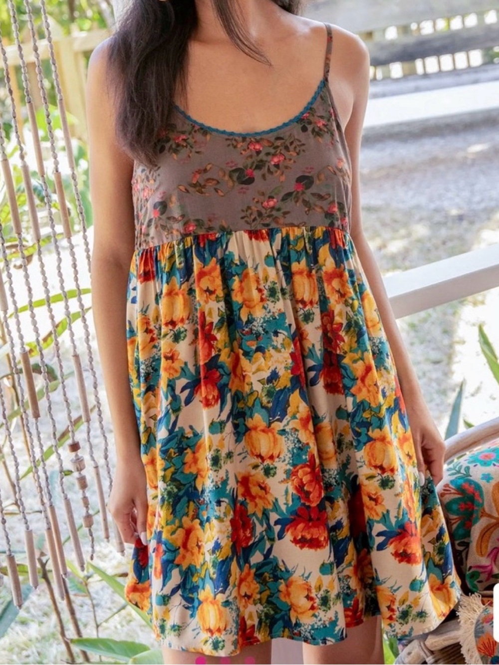 Natural Life Gigi Mini Dress Gray Orange Roses Floral Boho Babydoll Size S